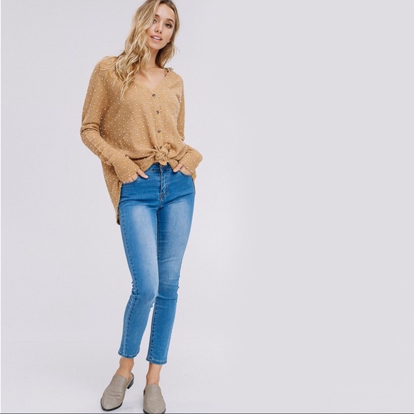 NEW Mustard Button Down Tie Front Top Knit Thermal - Picture 5 of 8